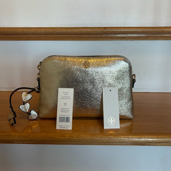 NWT Tori Burch Crossbody Purse Bag Peace Metallic Spark Gold - Picture 1 of 9